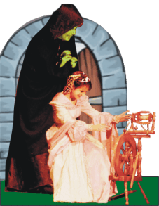 'Witch, princess and spinning wheel in Sleeping Beauty 2005/6 Broxbourne Theatre Company Pantomime at Broxbourne Civic Hall